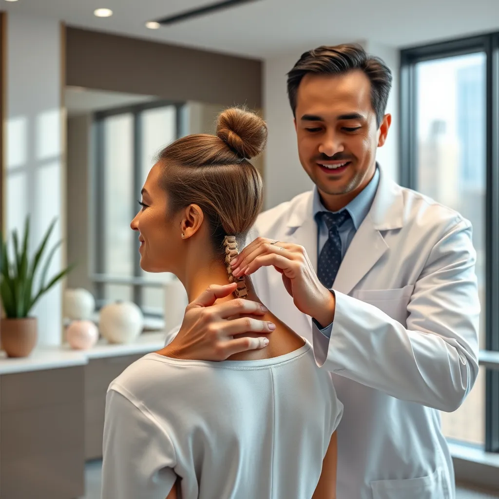 A professional-looking chiropractor in a white coat, adjusting a patient's spine in a modern Manhattan clinic. The background should have sleek, minimalist decor with natural light streaming in. The patient should have a relaxed expression and a positive body language.