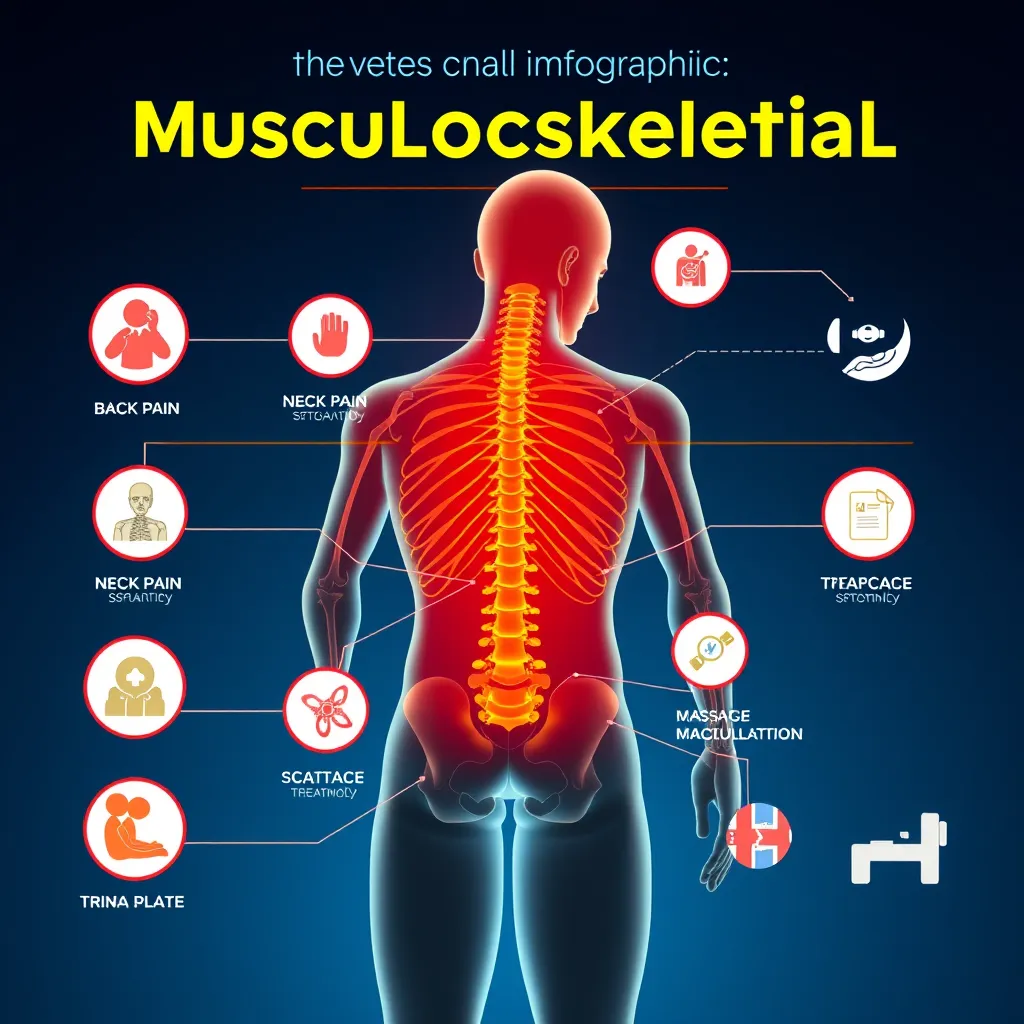 A vibrant infographic depicting various musculoskeletal conditions such as back pain, neck pain, and sciatica, alongside icons representing common chiropractic treatments like spinal manipulation and massage therapy. The infographic should be visually appealing and easy to understand, using bold colors and clear typography.