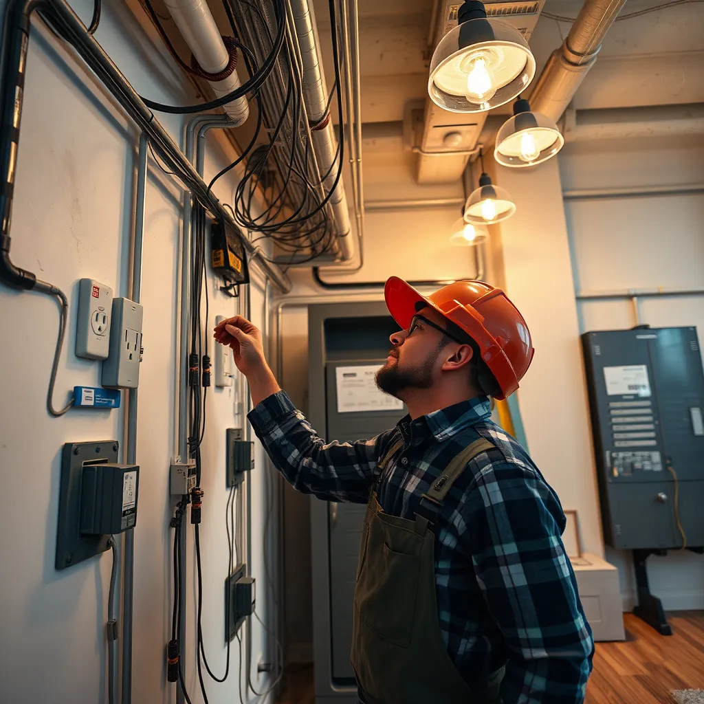 A wide-angle shot of an electrician inspecting a residential electrical system, including outlets, lighting fixtures, and a circuit breaker box. The scene should be set in a spacious Manhattan loft apartment with high ceilings and modern fixtures.