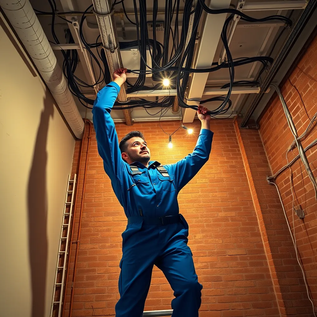 A wide-angle shot of an electrician working on a new electrical wiring installation in a loft apartment in Manhattan. The electrician, wearing a clean blue uniform, is standing on a ladder, running wires through the walls and ceiling. The space is modern and minimalist, with exposed brick walls and high ceilings. The lighting is warm and inviting, highlighting the intricate wiring and connections. The camera angle should capture a sense of scale and the complexity of the work. The image should convey a feeling of competence and efficiency, reflecting the high standards of Business Name Here LLC. Rendered in a photorealistic style with 8K resolution and ultra-detailed textures.