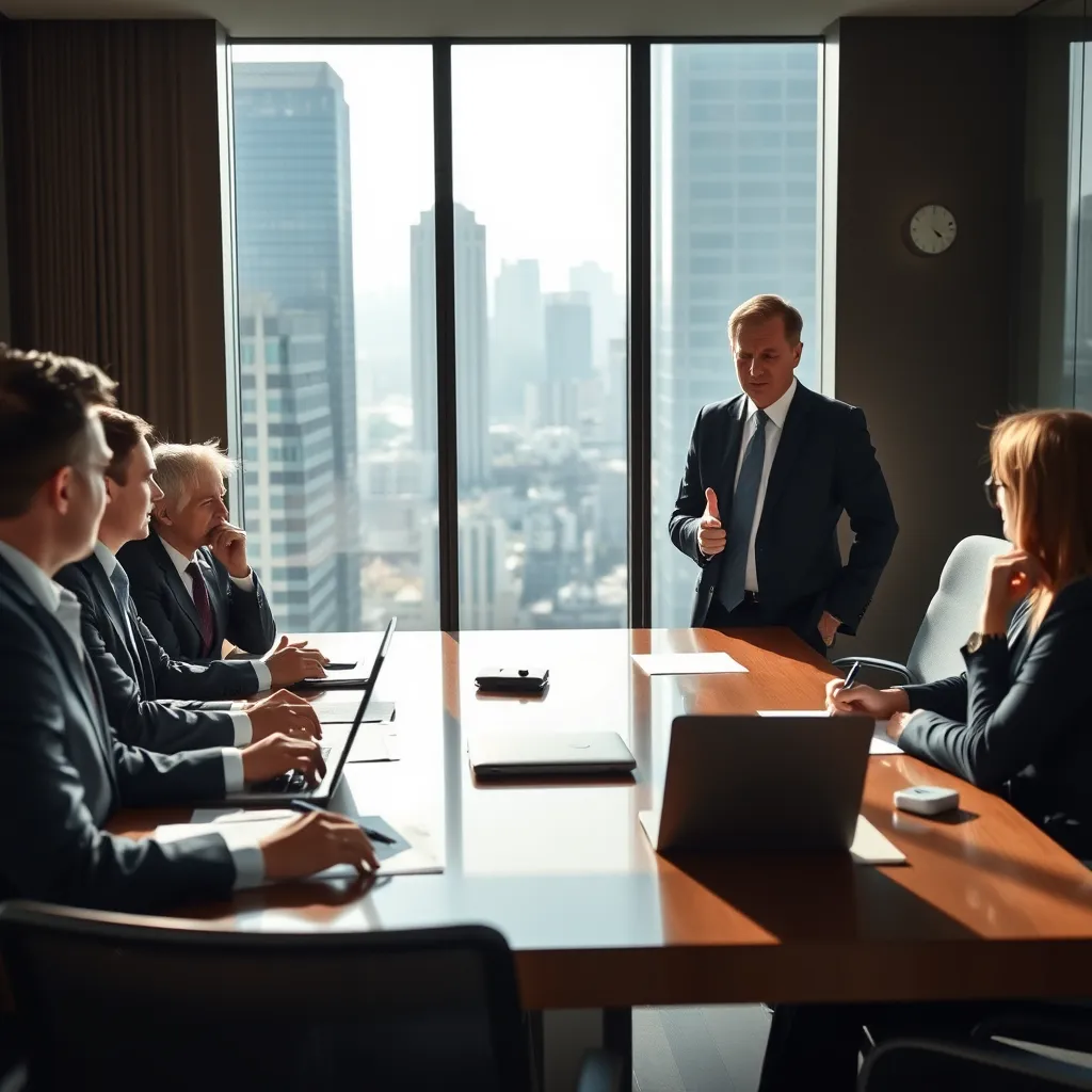 An image depicting a negotiation scene with a lawyer representing a client in a high-stakes business deal. The scene should take place in a modern conference room with a large glass window overlooking the city. Natural daylight illuminates the room, highlighting the lawyer's intense focus and the seriousness of the negotiation. The lawyer is dressed in a sharp suit, confidently presenting their case to a group of business executives. The executives appear engaged and interested, with a sense of anticipation in the air. The table is set with legal documents, laptops, and high-quality pens, conveying a sense of sophistication and professionalism. The composition should emphasize the lawyer's position of power and expertise while highlighting the intricate process of contract negotiation. Style: Dramatic, with a focus on tension and anticipation. Resolution: 8K, hyperrealistic, ultra-detailed.
