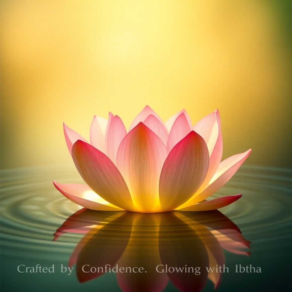 A 4K resolution, high-quality image depicting a blooming lotus flower emerging from calm water. The lotus symbolizes inner beauty and transformation. Soft, golden light illuminates the flower, accentuating its delicate petals and vibrant colors. The background should be slightly blurred, with a focus on the flower's radiant glow. Subtle ripples in the water create a sense of tranquility and peace. The color palette is warm and inviting, with hues of gold, pink, and green. The composition should be balanced and harmonious, reflecting the essence of "Crafted by Confidence. Glowing with Ibtsha."