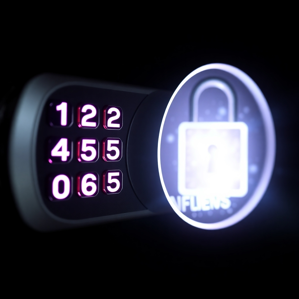 A close-up shot of a sophisticated-looking digital lock with a keypad. The numbers light up sequentially as an affiliate code is entered. Once the code is entered, the lock unlocks and reveals a shimmering portal, representing access to the 1X Affiliate Marketing System. The background is dark and mysterious, adding to the sense of intrigue and reward.
