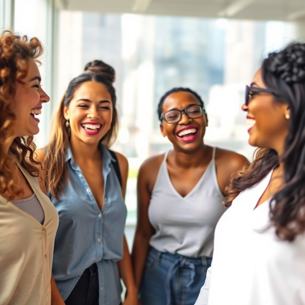 A diverse group of women laughing and interacting in a bright, airy setting. The women are of various ages, ethnicities, and body types. The image should convey a sense of joy, acceptance, and camaraderie. The background is a blurred cityscape, representing the diverse world around them.