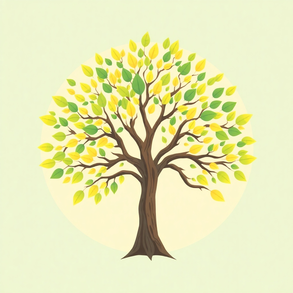 A dynamic illustration of a tree with branches extending outwards in a fractal pattern. Each branch represents a level in the commission structure, and the leaves represent potential earnings. The tree grows rapidly and flourishes, symbolizing exponential growth. The color palette should be vibrant and optimistic: greens, golds, and blues. The style should be slightly stylized and visually appealing.