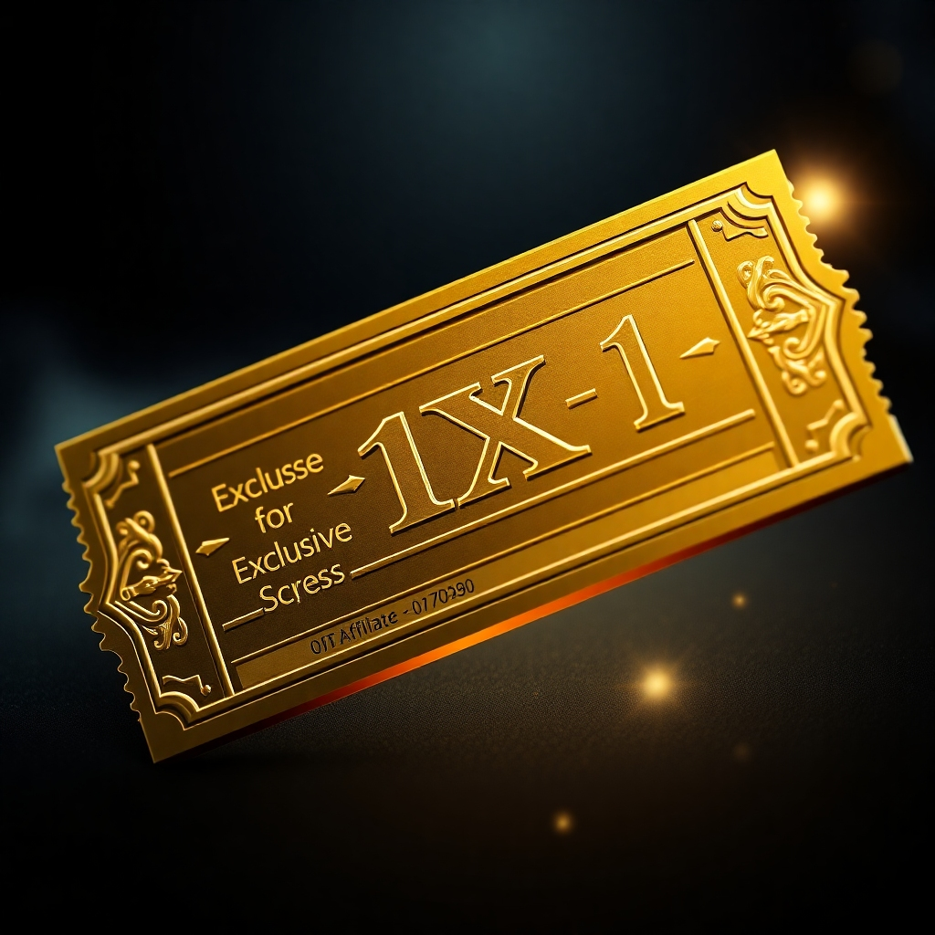 A gleaming golden ticket with an intricate design, symbolizing exclusive access to the 1X Affiliate Marketing System. The ticket is embossed with the 1X logo and features a unique affiliate code. The background should be dark and luxurious, highlighting the ticket's value. Use a photorealistic style to capture the texture and detail of the ticket. Consider adding subtle sparkles or light flares to enhance the sense of exclusivity.