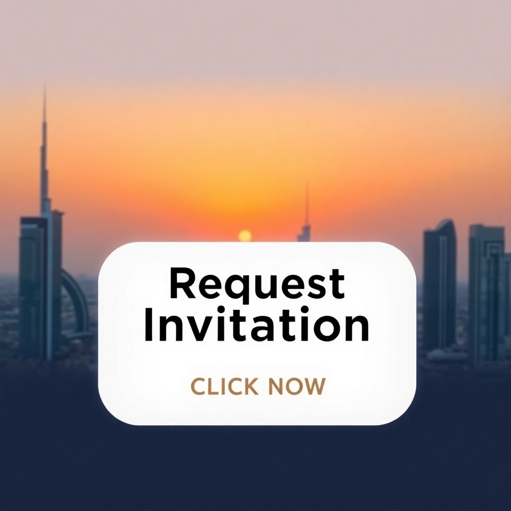 A large, inviting button with the text 'Request Invitation' in bold lettering. The button is set against a backdrop of the Dubai skyline at sunset. The button glows slightly, encouraging users to click. The style should be clean, modern, and visually appealing. Consider using a gradient of warm colors to create a sense of urgency and excitement.