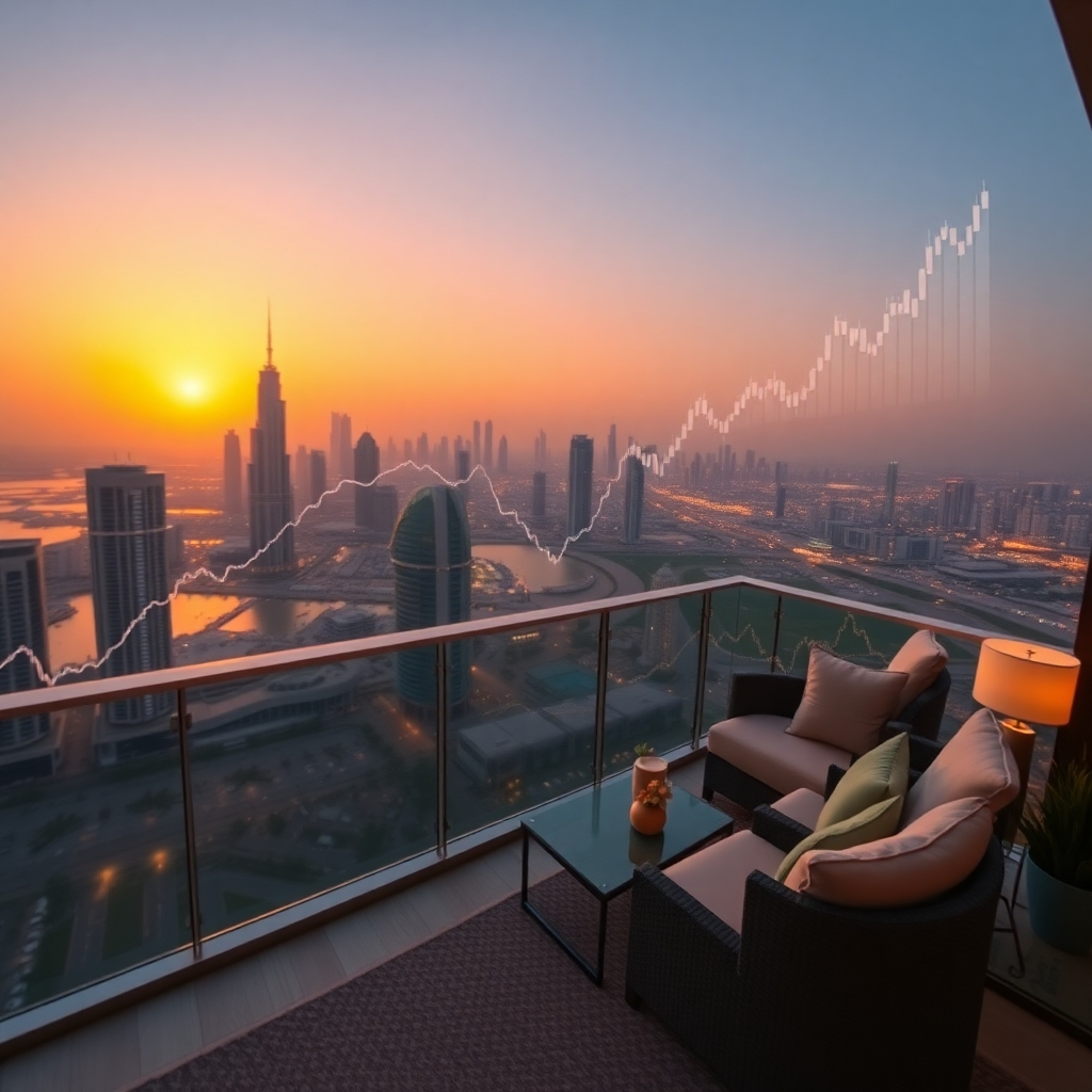 A luxurious Dubai apartment overlooking the city skyline at sunset. Subtle overlays of financial charts and happy faces represent earnings potential and successful affiliates. The overall mood is aspirational and inviting. The image should be photorealistic and capture the beauty and opulence of Dubai. Consider using warm colors and soft lighting to create a sense of serenity and opportunity.
