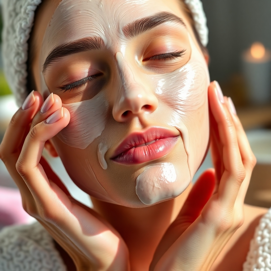 A photorealistic close-up of a woman's hands gently applying a luxurious face mask. The skin should appear healthy and glowing. Soft, natural light illuminates the scene, highlighting the textures of the mask and skin. The background is a blurred spa setting, conveying a sense of relaxation and pampering.