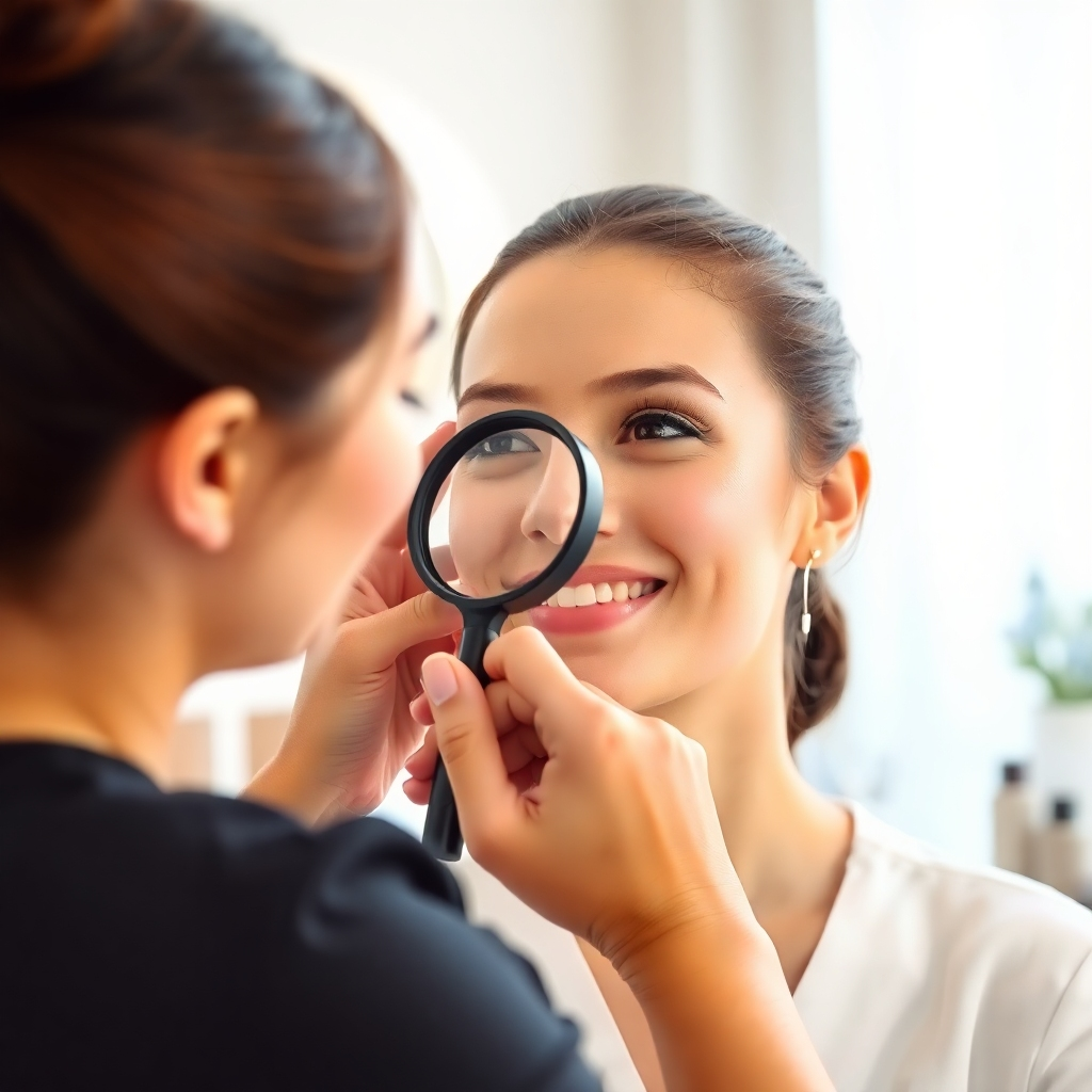 A photorealistic image of a beauty consultant examining a client's skin with a magnifying glass. The client is smiling and relaxed. The setting is a clean and modern beauty studio, conveying a sense of professionalism and expertise. Soft, natural light illuminates the scene.