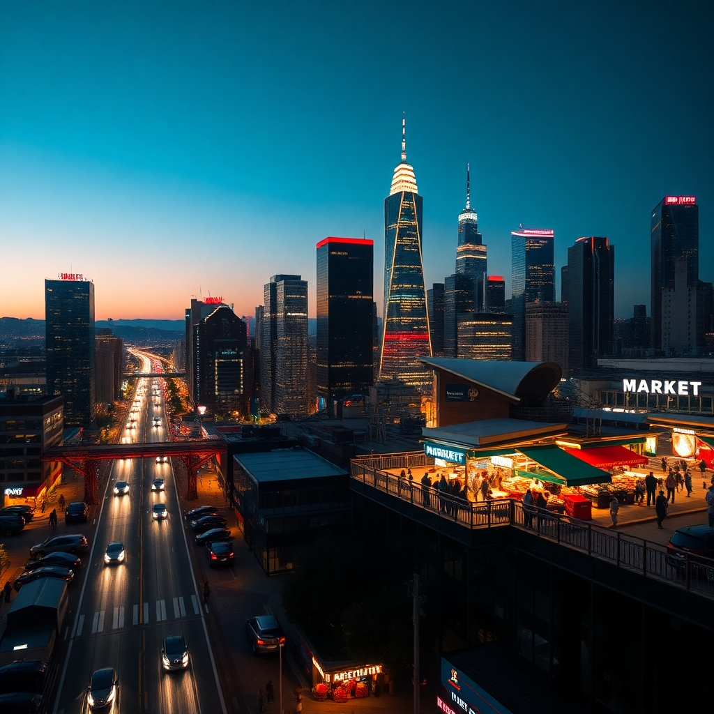 A photorealistic image of a city skyline at night, with a focus on the lights highlighting the urban landscape and the vibrant market. The image should showcase the beauty and opportunities of the market, but in a sophisticated way.
