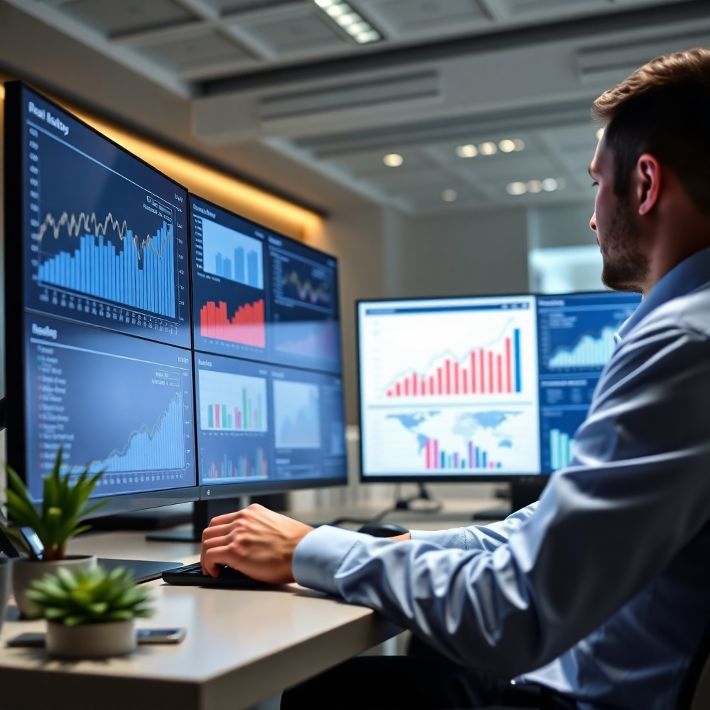 A photorealistic image of a professional analyzing data on multiple screens, showcasing graphs and charts related to real estate market trends. The setting should be a modern, well-lit office with subtle professional props.  The color palette should be clean and neutral, focusing on the data visualization and the professional atmosphere. The image must convey expertise, data-driven decision-making, and analytical skills.