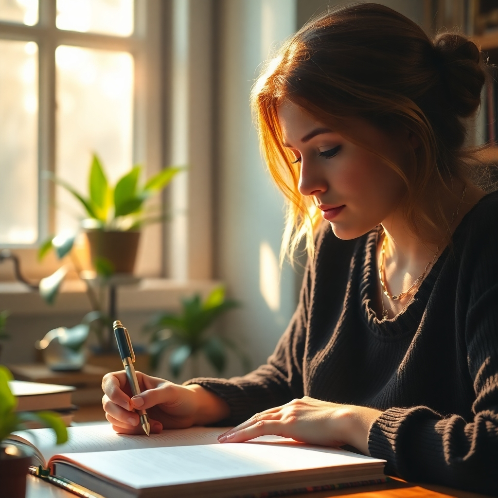 A photorealistic image of a woman journaling in a sun-drenched room. Her face is partially visible, showing a thoughtful expression. Soft, warm light streams through the window, highlighting the details of the room. Plants and books are visible in the background. The overall scene conveys a sense of peace and introspection.