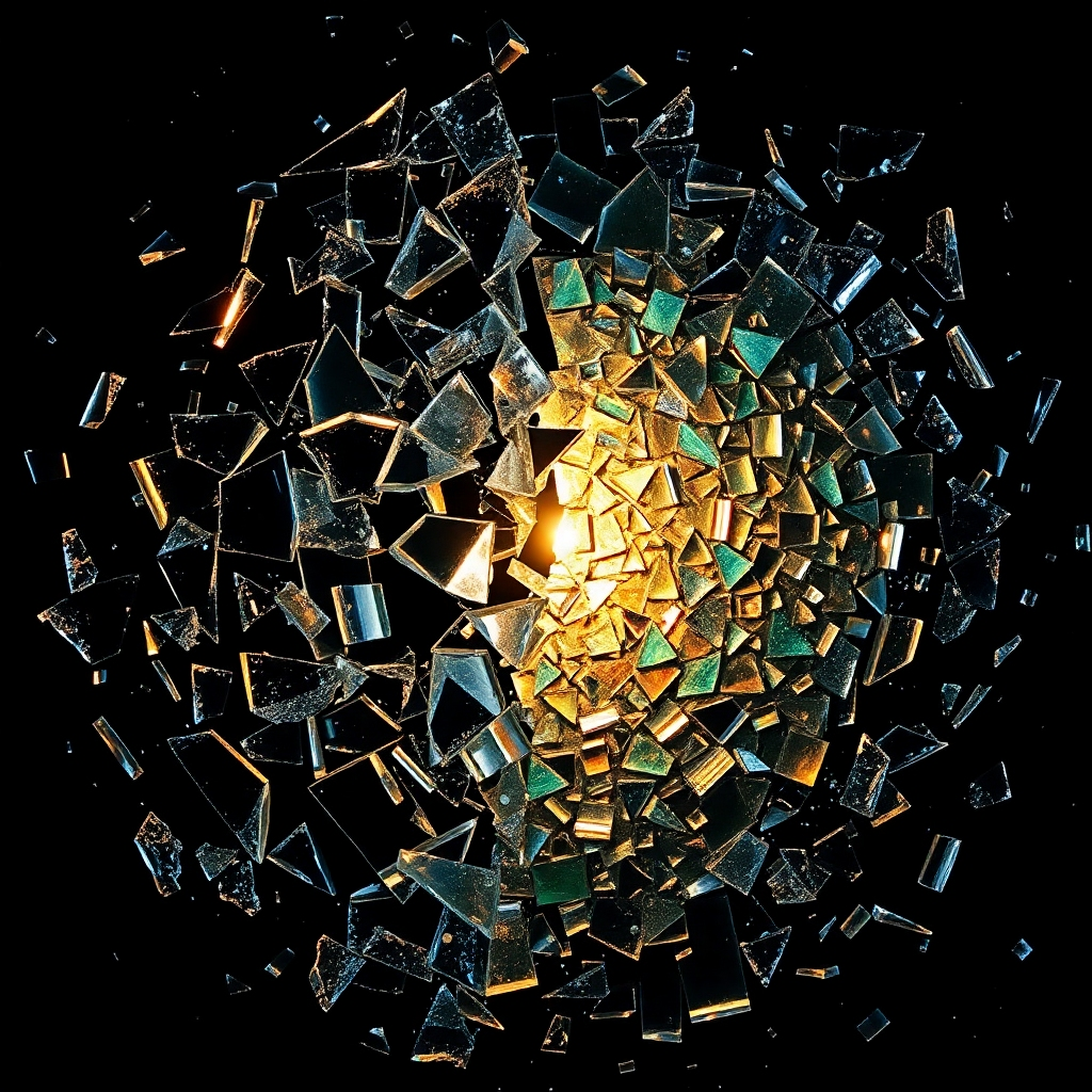 A photorealistic image of shattered glass being reformed into a beautiful mosaic. The shattered glass represents limiting beliefs, and the mosaic symbolizes transformation and healing. The lighting should be dramatic and impactful, highlighting the intricate details of the mosaic.