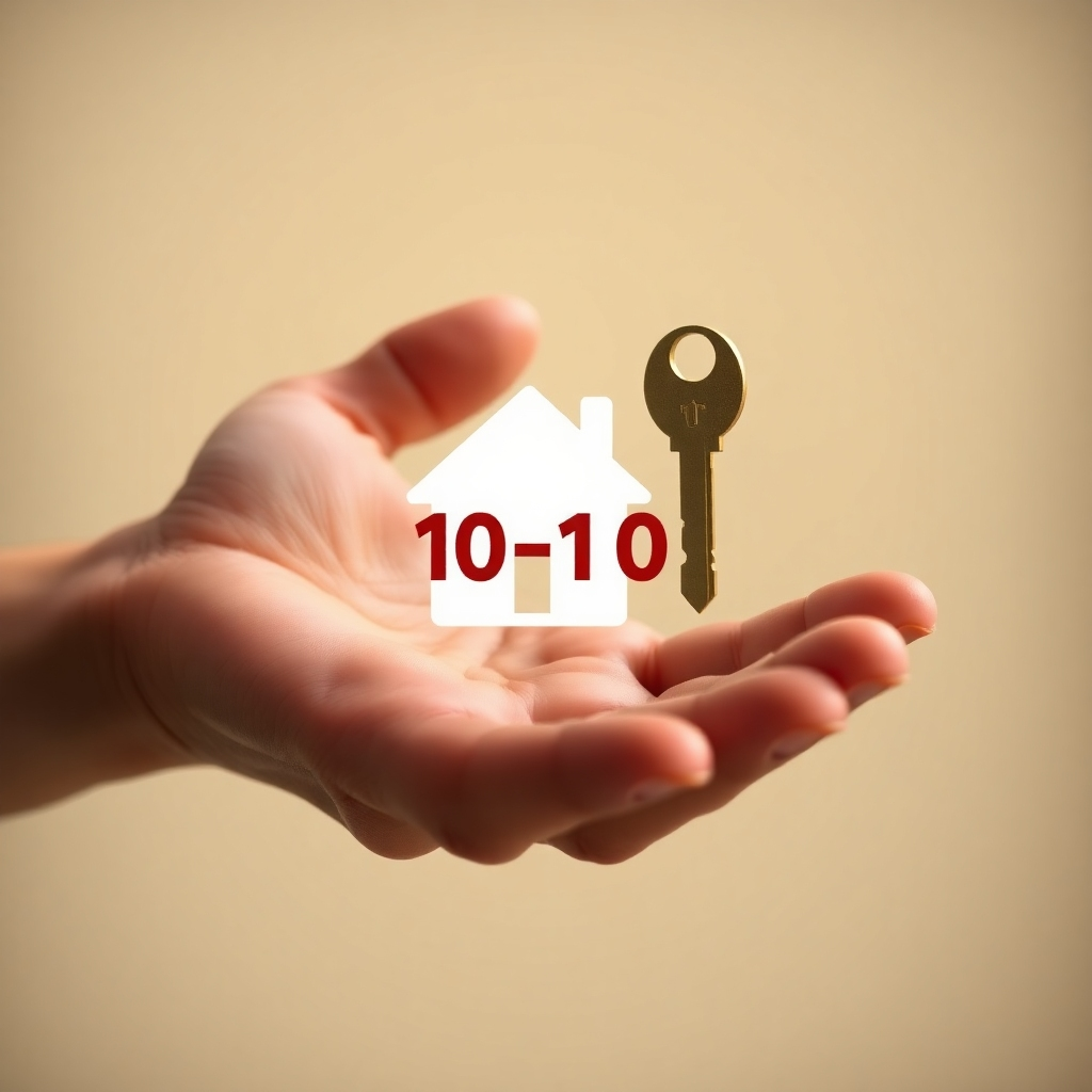 A photorealistic rendering of a hand holding a key (representing property) with a stylized '10-1-10' icon overlaid on the palm. The background should be blurred, focusing attention on the hand and the key. The color palette should be warm and inviting: golds, browns, and creams. The lighting should be soft and natural, creating a sense of trust and security. The overall impression should be one of ease and opportunity.