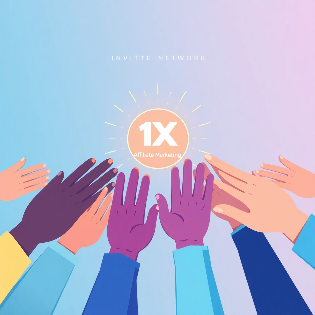 A series of stylized hands reaching towards a central point, symbolizing invitation and connection. The hands are diverse and represent a global affiliate network. The central point is a glowing logo of the 1X Affiliate Marketing System. Use a vibrant color palette with blues, purples, and golds to convey a sense of community and opportunity. The style should be slightly abstract and modern.