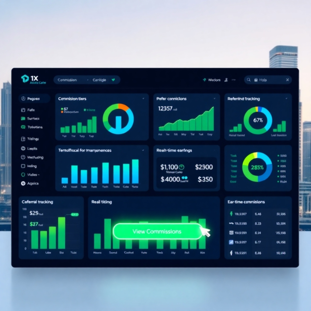 A sleek, modern interface showcasing the 1X Affiliate Marketing System dashboard. Multiple charts display commission tiers, referral tracking metrics, and real-time earnings. The background subtly features the Dubai skyline, emphasizing the focus on Dubai real estate. The color palette is professional: blues, greens, and whites. High resolution, photorealistic, with a focus on clarity and user-friendliness. Consider including a glowing cursor interacting with a button labeled 'View Commissions'.