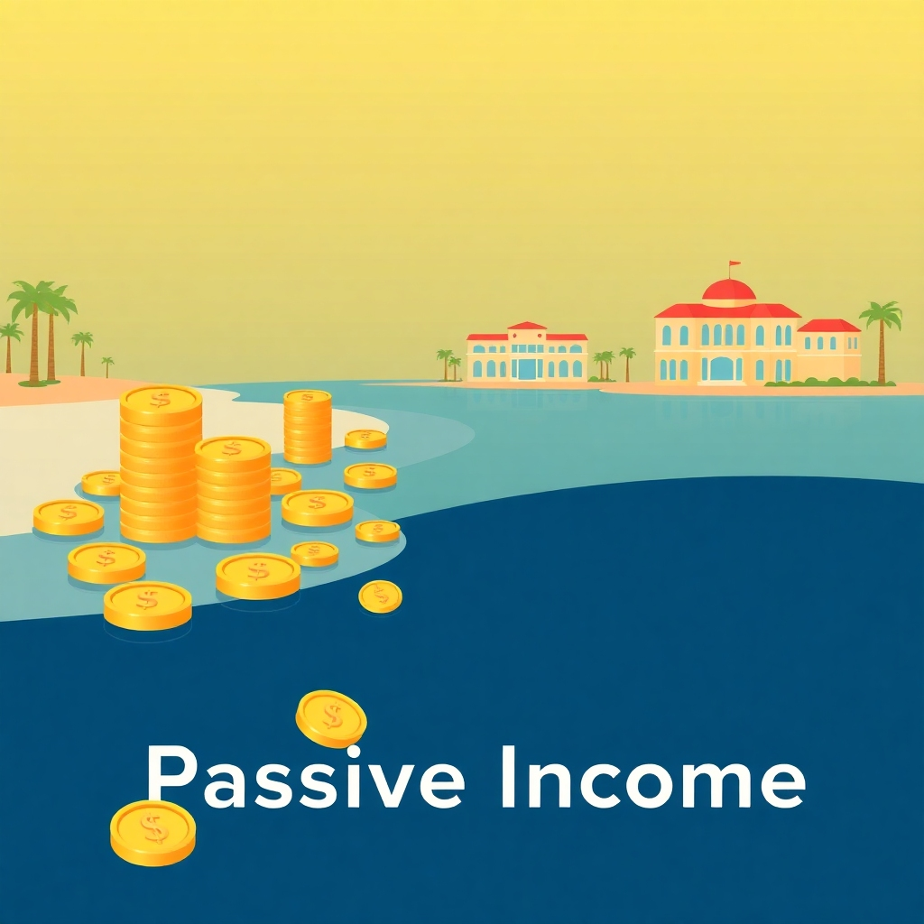 A stylized graphic depicting a gently flowing river with coins and luxury villas floating along it. The coins represent passive income, and the villas symbolize Dubai real estate. The overall mood is serene and prosperous. Use a warm color palette with golds and blues. The style should be slightly abstract, almost like an infographic. The title 'Passive Income' is subtly integrated into the image.