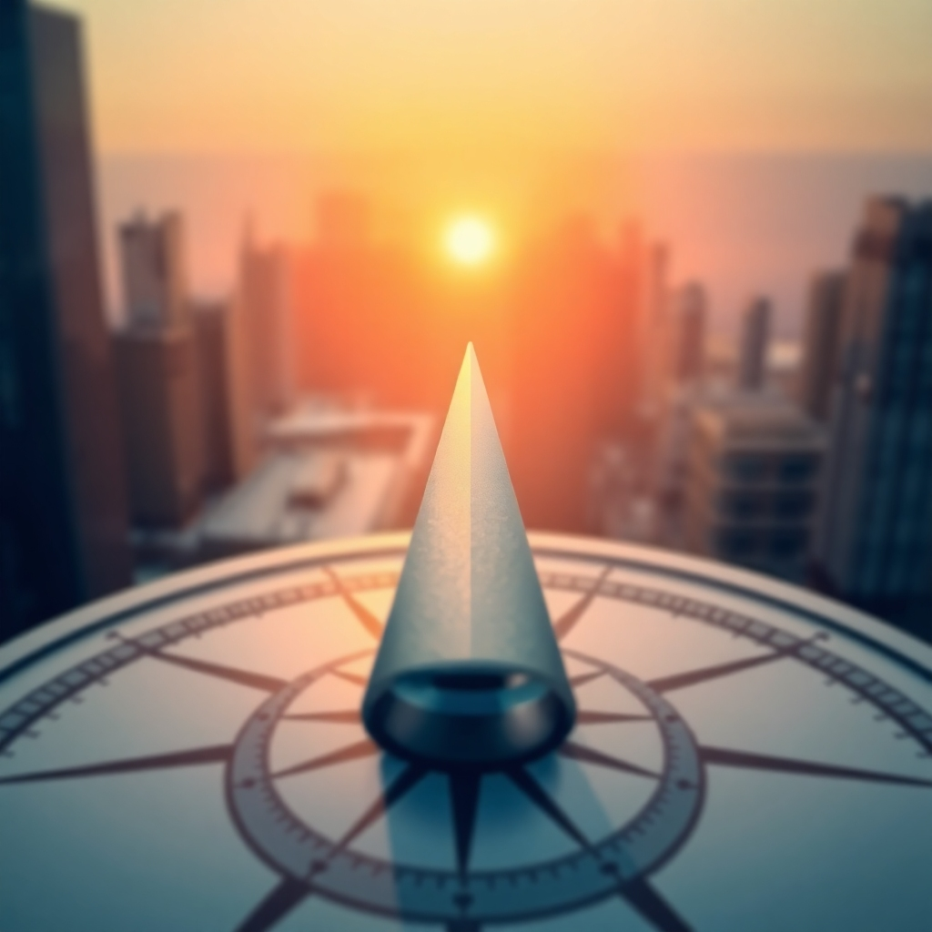 A stylized image depicting a compass needle pointing towards a modern cityscape at sunrise, with a subtle, almost invisible, Amer Riaz logo in the background.  The composition emphasizes the concept of direction and guidance. Use a warm color palette, with soft oranges and yellows from the sunrise.  The compass needle should be highly detailed, with a metallic texture. The cityscape should be a clean, minimal representation, without too much detail. The overall style should be clean, optimistic and trustworthy, reflecting the essence of professional guidance. Technical specs: 4K resolution, high quality.
