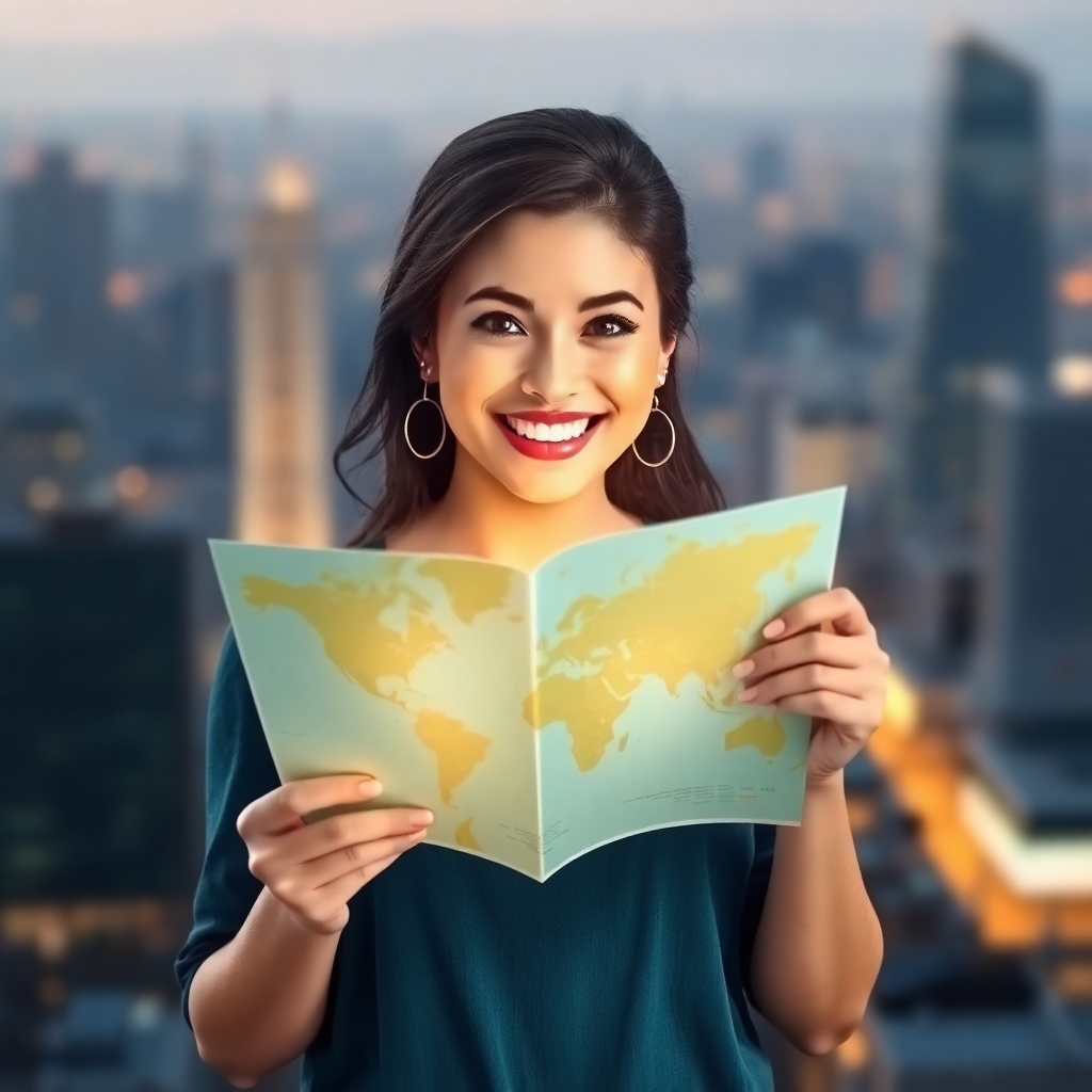A stylized image depicting a woman holding a glowing map. The map represents a personalized plan for self-improvement. The woman is smiling and confident, conveying a sense of excitement and anticipation. The background is a blurred cityscape, representing the limitless possibilities ahead.