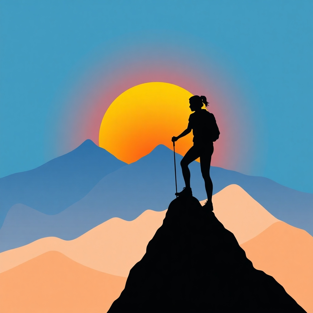 A stylized image depicting a woman climbing a mountain peak. The mountain represents challenges and obstacles. The woman is silhouetted against a vibrant sunrise, symbolizing hope and triumph. The overall scene conveys a sense of determination and resilience.