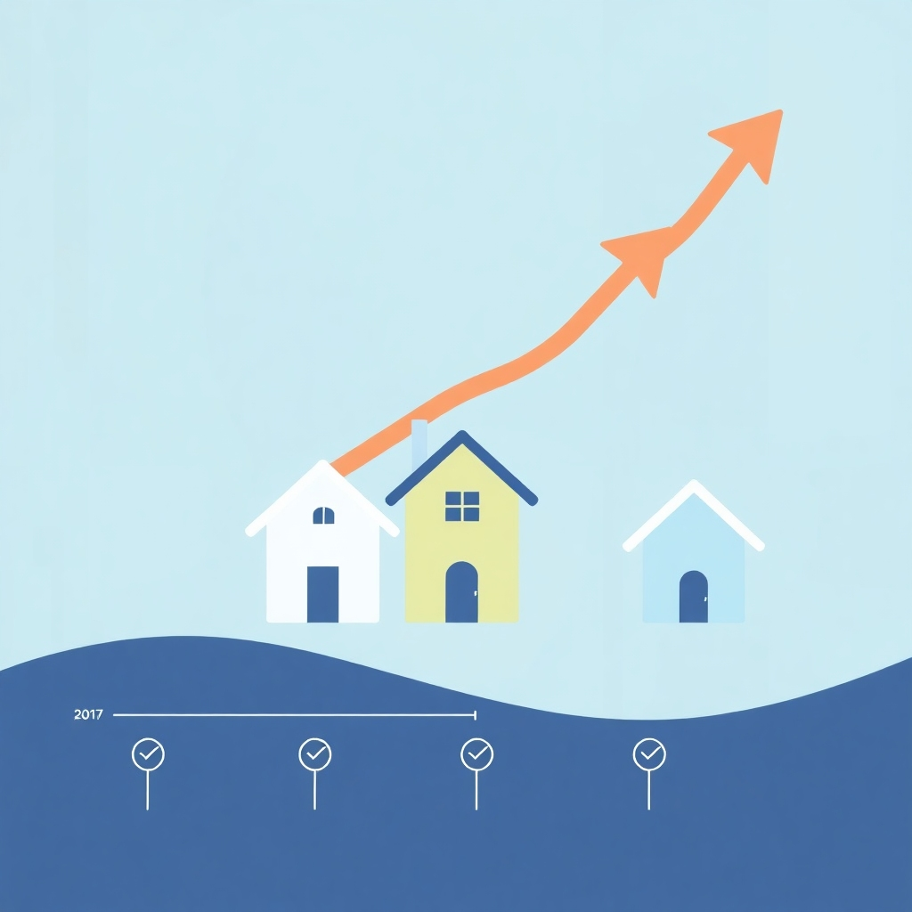 A stylized image depicting houses or buildings with upward-pointing arrows to show growth, along with a timeline representing a successful history.  Use a clean, minimal style with a focus on clarity and data representation.