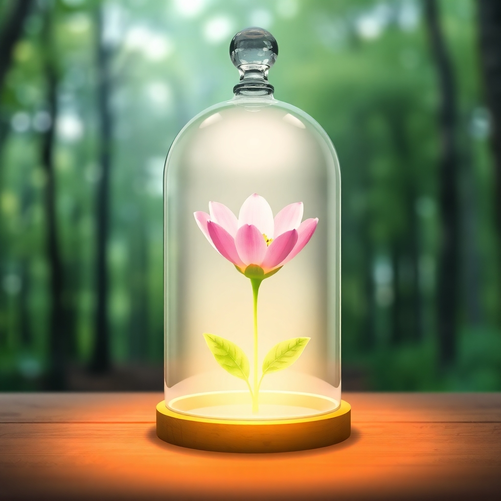 A stylized image of a blooming flower inside a glass dome. The flower represents inner beauty, and the dome symbolizes protection and nurturing. Soft, diffused light illuminates the flower, creating a magical and enchanting effect. The background is a blurred forest scene, conveying a sense of peace and tranquility.