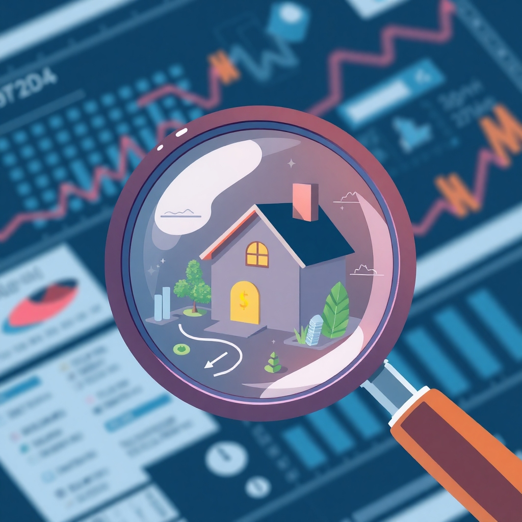 A stylized image of a magnifying glass revealing hidden insights within a property's data, visualizing the process of thorough due diligence. Use a rich color palette and illustrative elements to emphasize the thorough nature of the process and reveal previously hidden details.