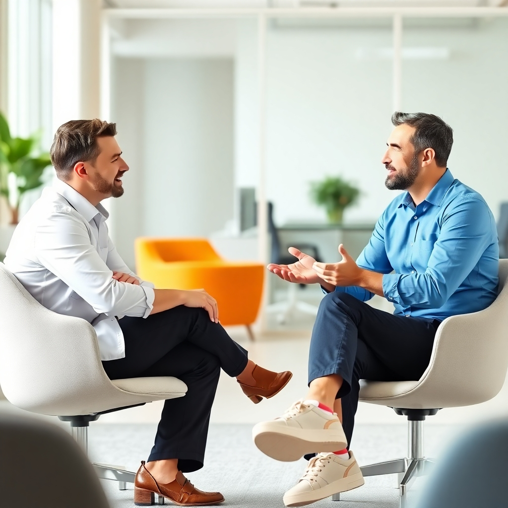 A stylized image of two people sitting across from each other, engaged in a conversation. One person is actively listening and nodding, while the other is speaking with confidence and clarity. The setting is a bright and inviting office space, conveying a sense of trust and collaboration.
