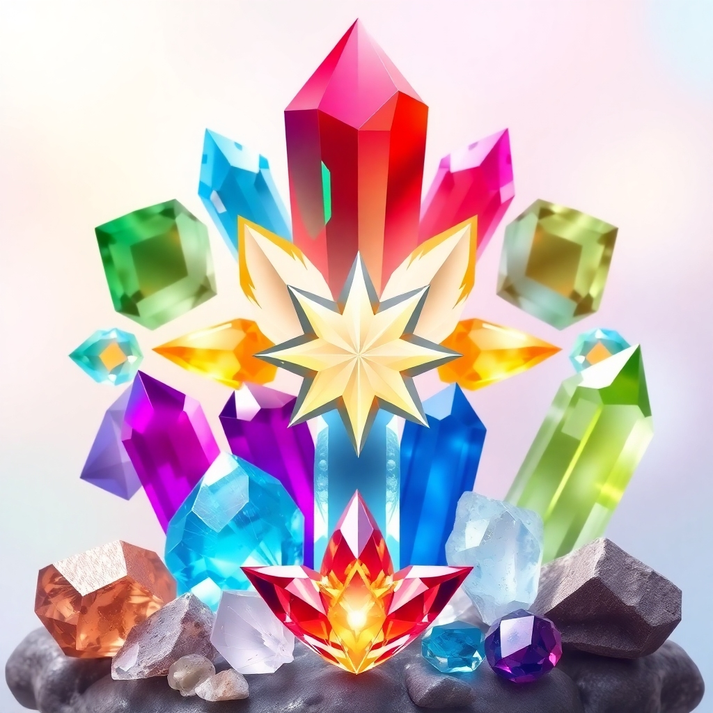 A stylized image showcasing a collection of colorful crystals and gemstones arranged in a harmonious pattern. The light should reflect off the crystals, creating a magical and ethereal effect. The background is a soft, blurred gradient of pastel colors, evoking a sense of positivity and energy.