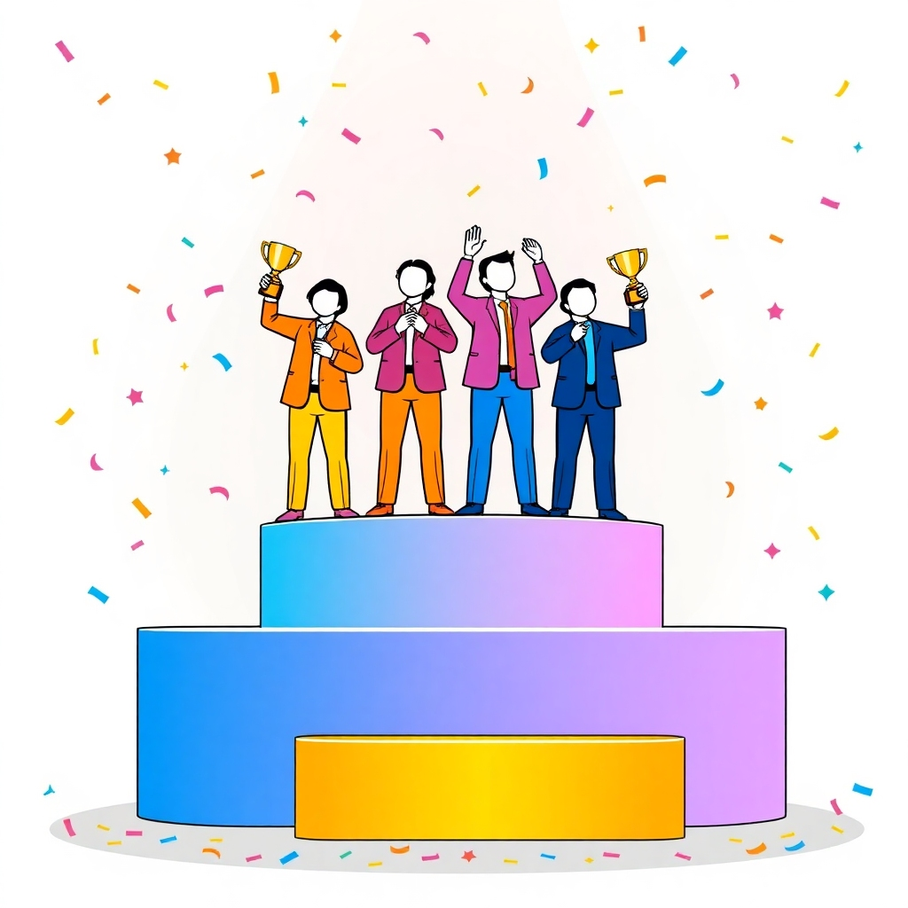 A stylized podium with four figures standing on it, each representing one of the incentive pools. The figures are celebrating and holding trophies. The podium is brightly lit and surrounded by confetti. The overall style should be dynamic and celebratory, conveying a sense of achievement and recognition. Consider using bold colors and strong lines to create a visually impactful image.