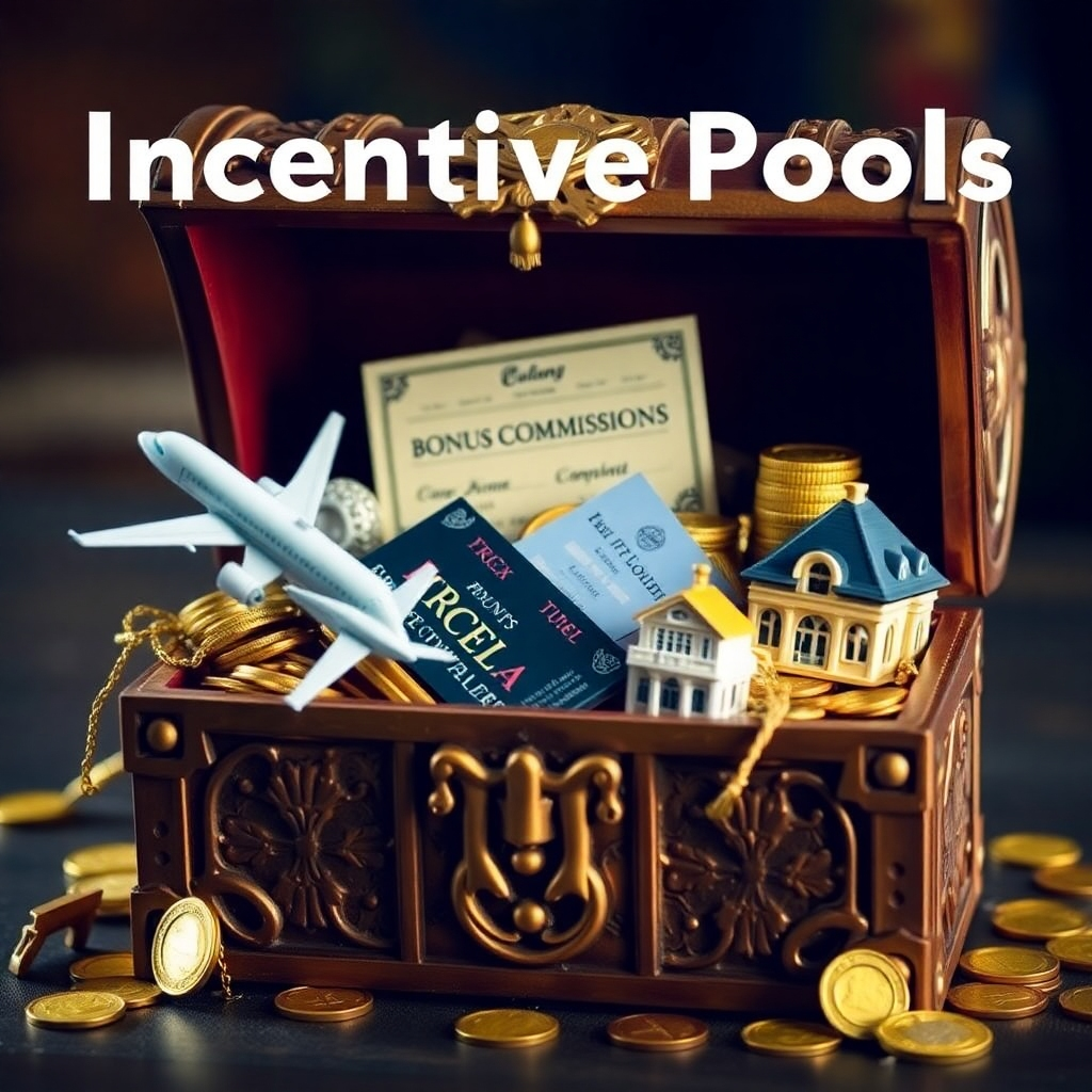 A treasure chest overflowing with valuable items representing the different rewards from the incentive pools: a miniature airplane for luxury travel, a concert ticket for exclusive events, stacks of gold coins for bonus commissions, and a miniature luxury villa for top-tier properties. The treasure chest is made of ornate wood and gold, symbolizing wealth and opportunity. The background is blurred and mysterious, focusing attention on the contents of the chest.