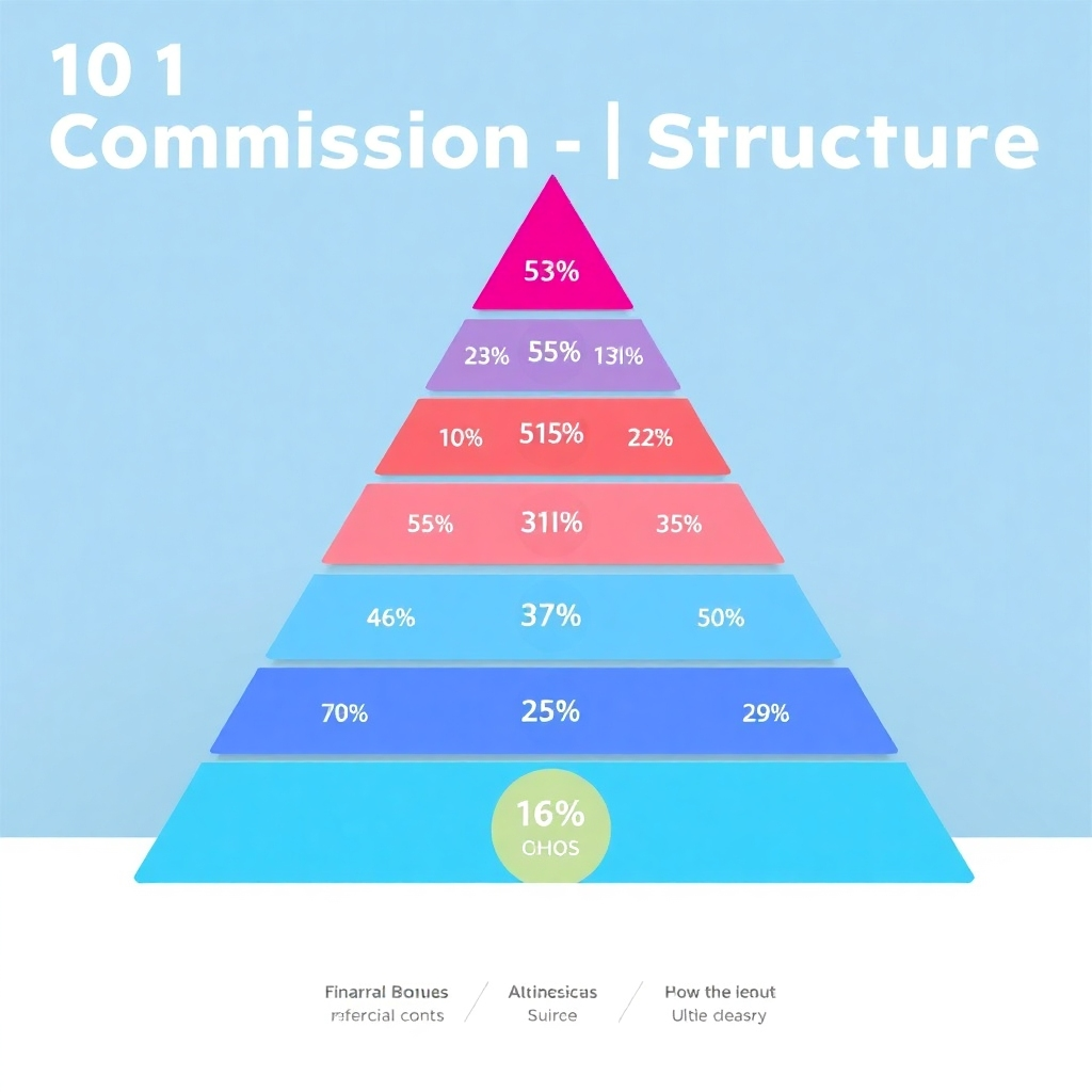A visually appealing pyramid diagram showcasing the 10-level commission structure. Each level should be clearly labeled with percentage values. Use a vibrant and engaging color scheme to differentiate the levels. The overall style should be clean, modern, and easy to understand. Consider incorporating subtle icons representing financial growth and referral bonuses. The pyramid should appear stable and lucrative.
