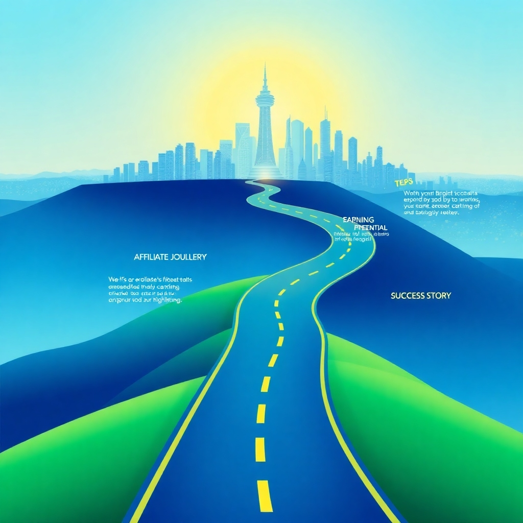 A winding path leading towards a futuristic city skyline, symbolizing the affiliate journey towards financial freedom. Along the path, there are milestones representing project galleries, earnings potential displays, and success story highlights. The overall style should be inspiring and aspirational, conveying a sense of progress and achievement. Use a vibrant color palette with blues, greens, and golds.