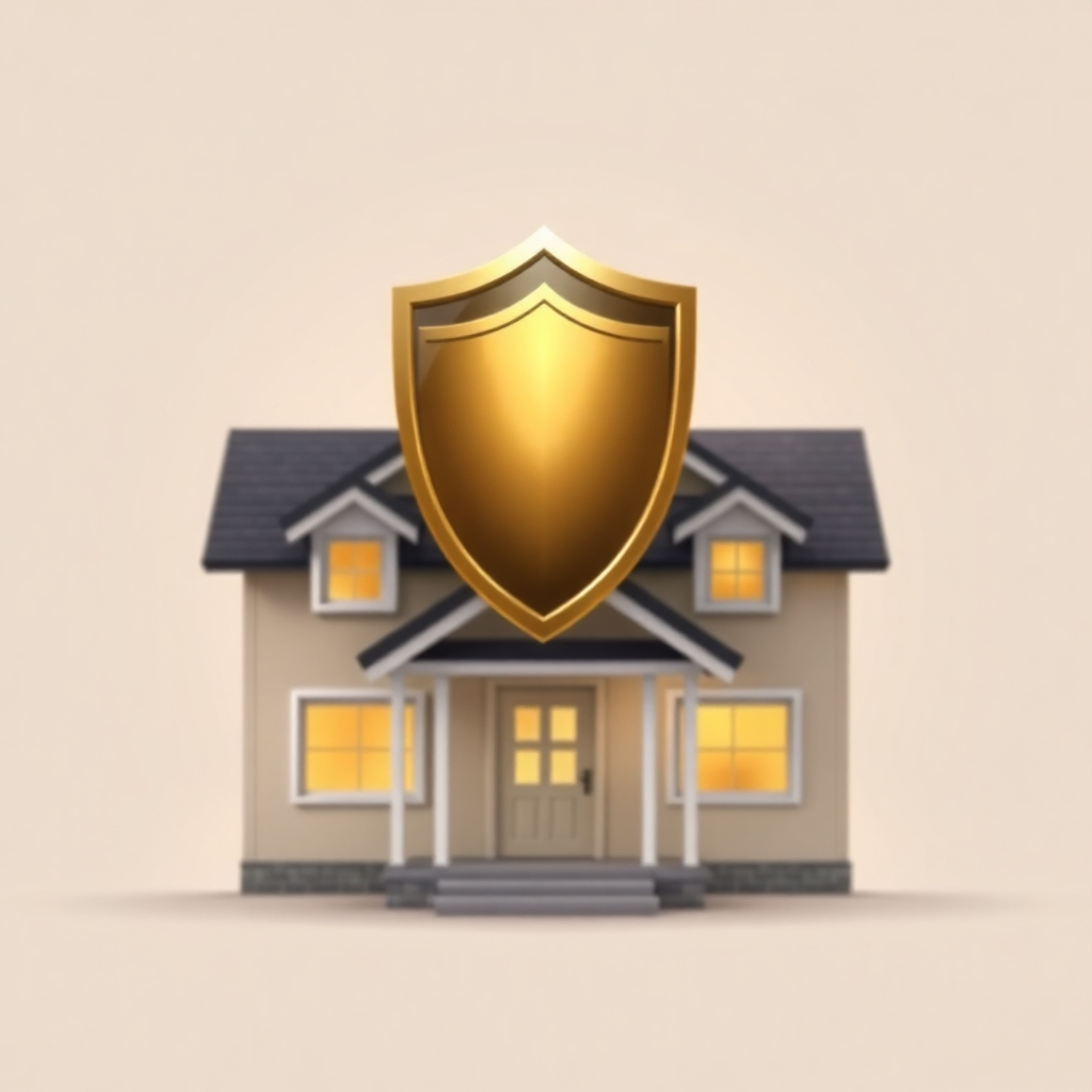 An image depicting a protective shield over a house, symbolizing security and risk management.  Use a combination of photorealistic and painterly styles to convey a secure yet warm and inviting atmosphere. The color scheme should be predominantly calming, with the shield perhaps having a metallic sheen to highlight protection.