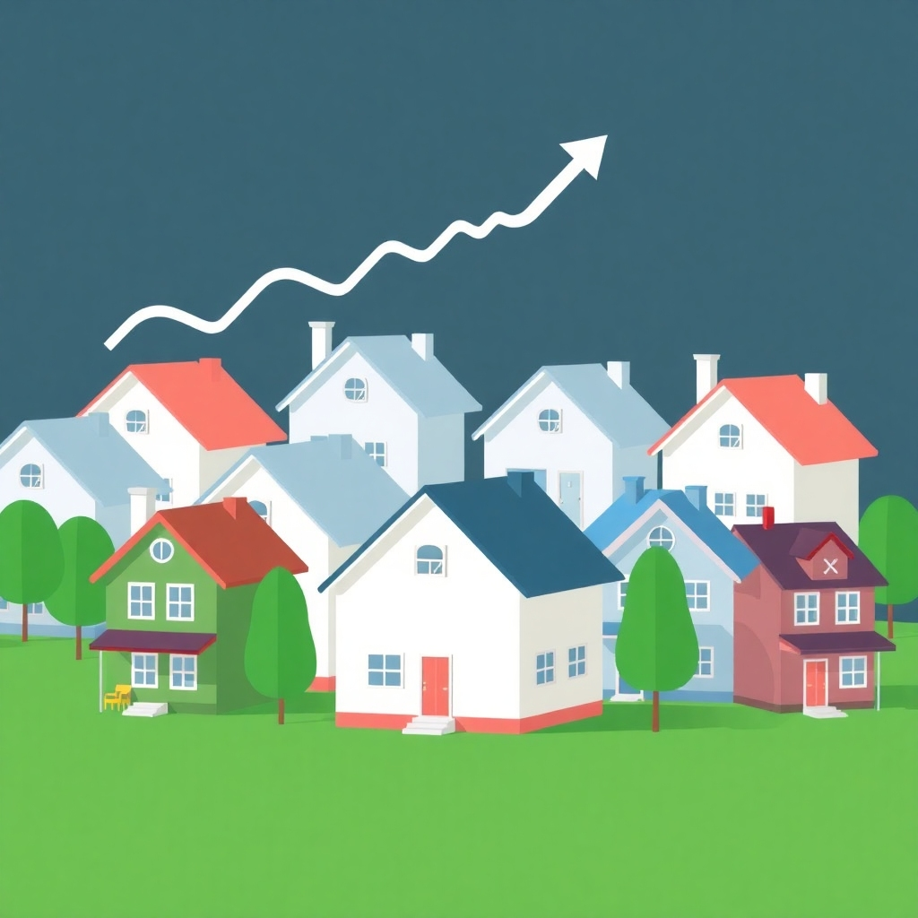 An image showing a group of houses with small graphs above them indicating their value growth.  Use a variety of house styles to represent a diversified portfolio. Include visual elements to show growth, performance, and organization.