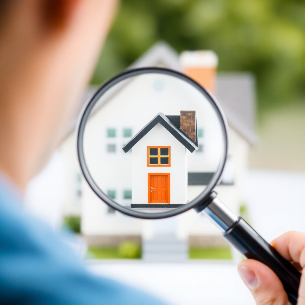 An image showing a person using a magnifying glass to examine a house, representing the meticulous process of due diligence. The image should be sharp and detailed to represent thoroughness.