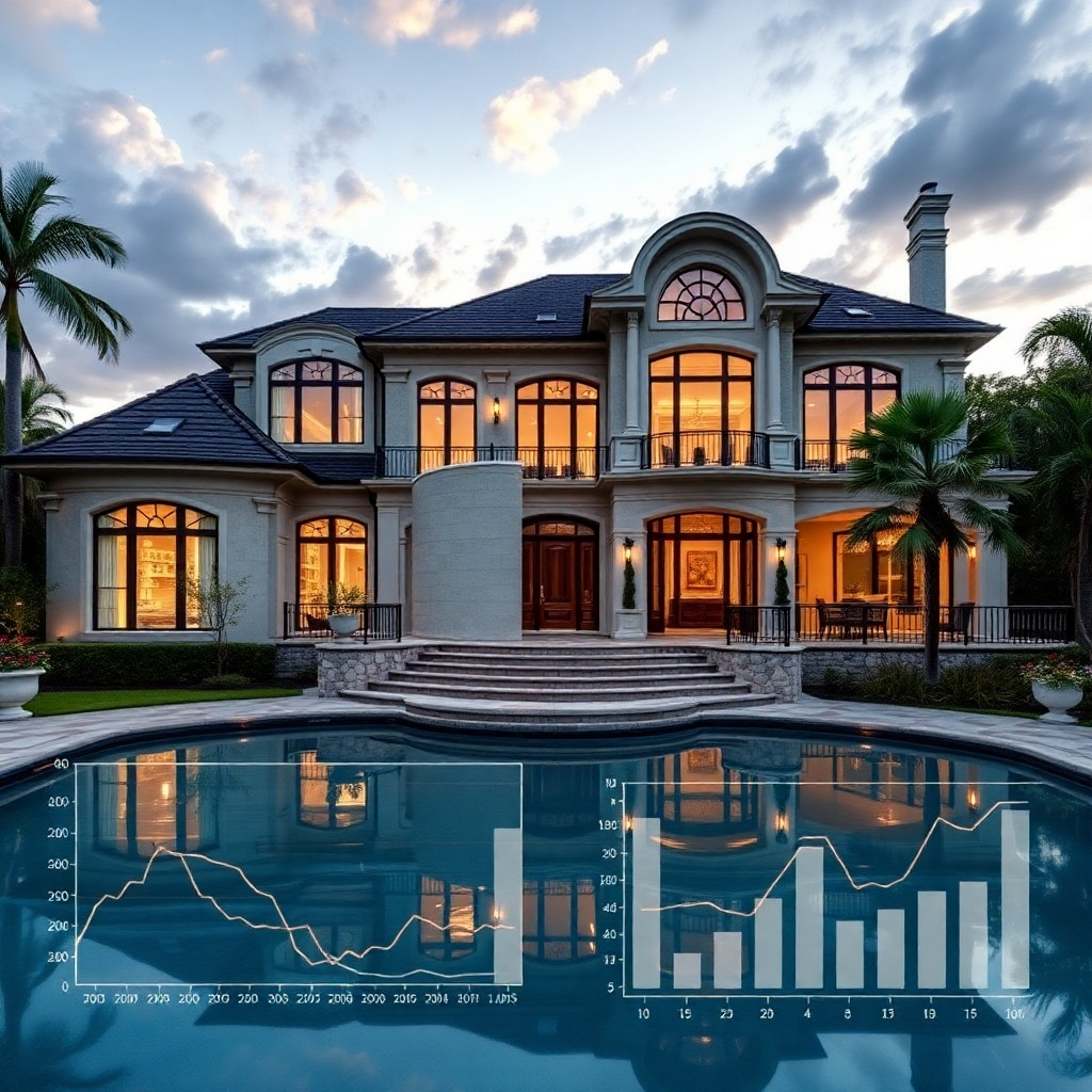 Create a photorealistic image of a stunning property with professional photography highlighting architectural details and luxurious features. The image should also feature a subtle overlay of valuation data or charts to represent the professional assessment. The overall composition should emphasize the property's value and desirability.