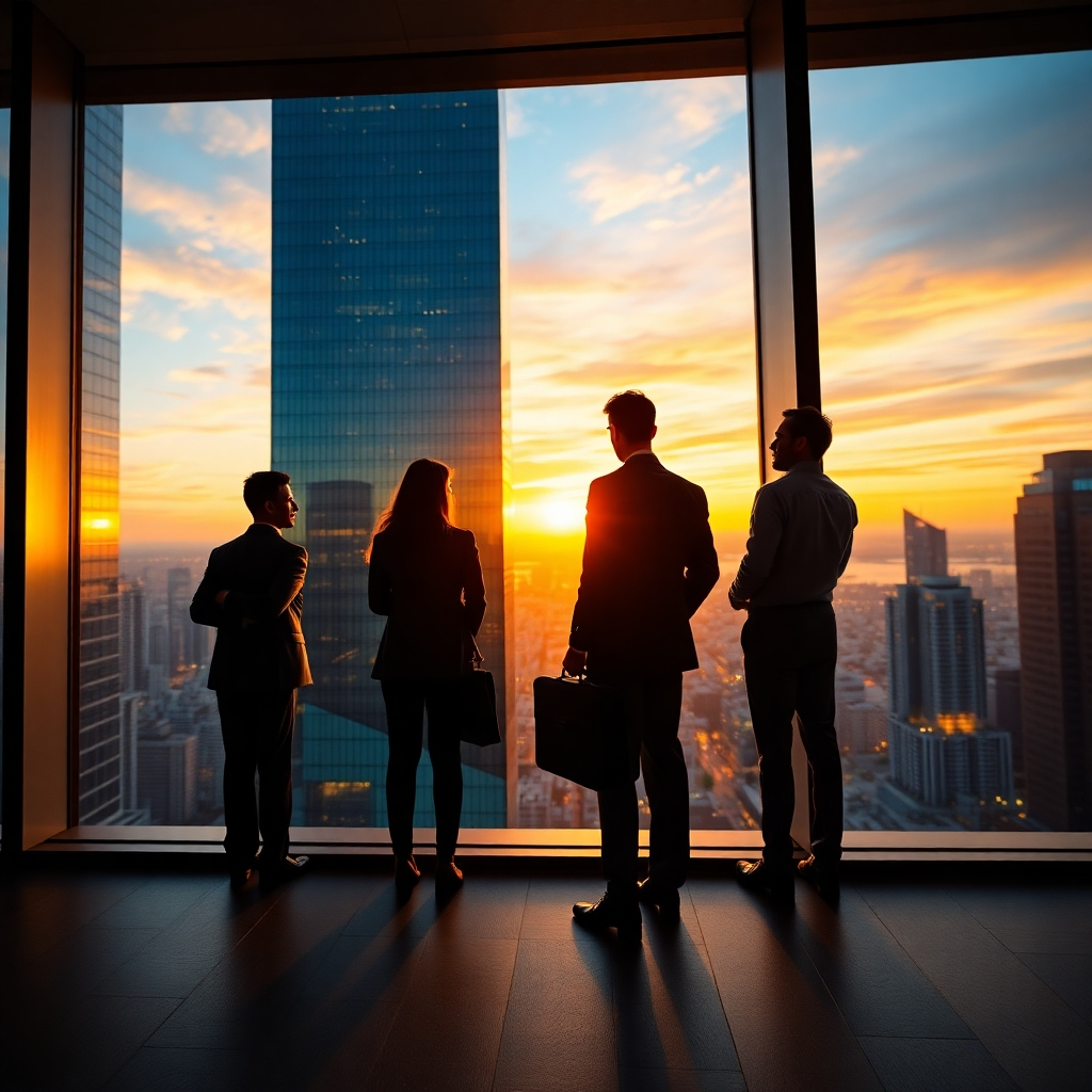 Create a photorealistic, ultra-high quality 8K resolution image for Investors Clinic's header. The image should depict a modern, glass skyscraper reflecting a vibrant cityscape at sunset.  A group of diverse, sophisticated professionals are silhouetted against the window, looking out at the city, symbolizing collaboration and success in real estate.  The composition should focus on the skyscraper and the city view, with the professionals subtly integrated. The lighting should be warm and inviting, with the golden hues of the sunset reflecting on the glass.  The color palette should consist of deep blues, golds, and oranges. The camera angle should be slightly low, emphasizing the scale and grandeur of the building. The textures should be highly detailed, including the smoothness of the glass, the roughness of the concrete, and the intricacies of the city lights.  The environment is a bustling modern city. Relevant props could include briefcases subtly placed, but not distracting. The style should be similar to high-end architectural photography, aiming for a hyperrealistic look, similar to the works of renowned architectural photographers such as Iwan Baan.  The overall feeling should convey ambition, trust, and success in the real estate market.