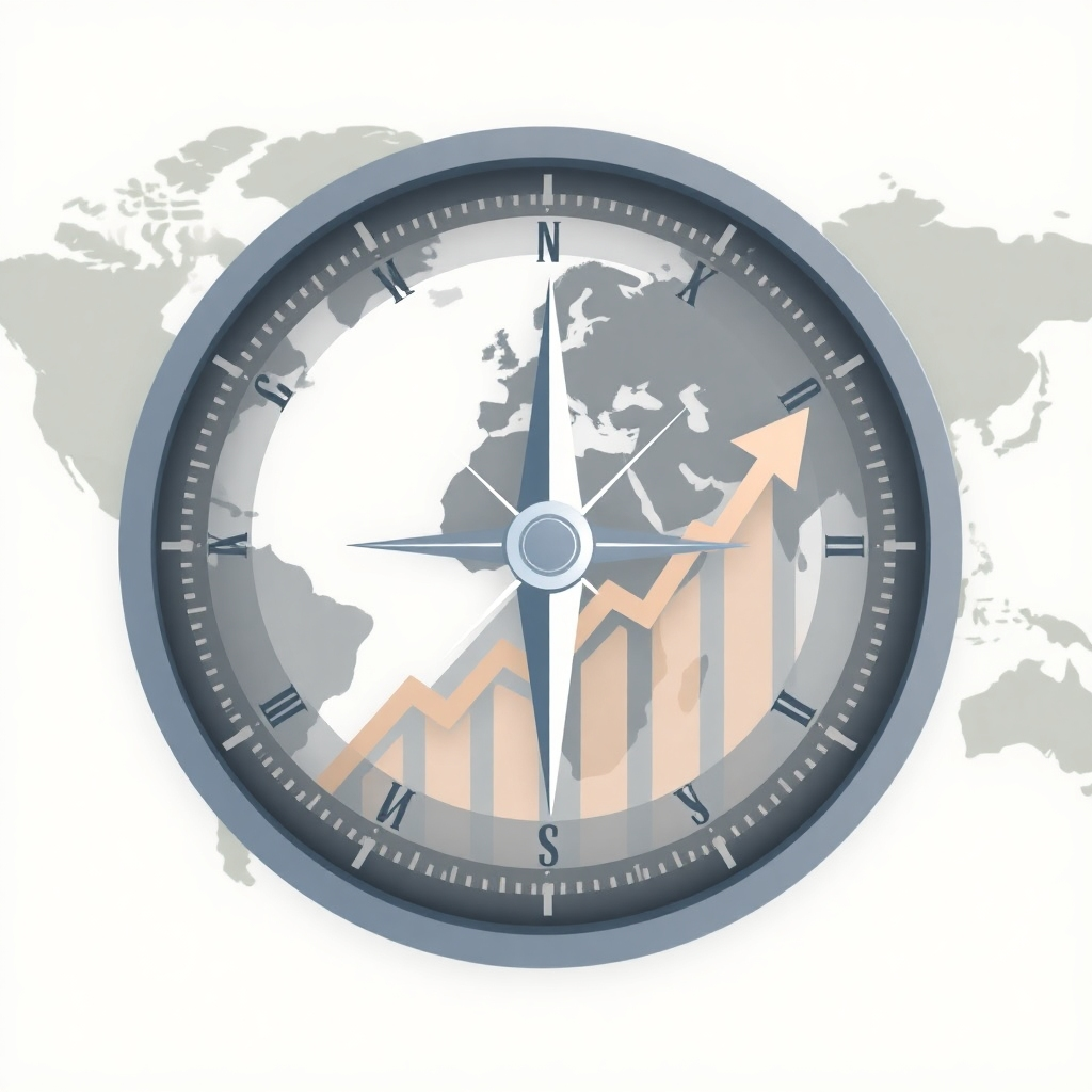 Create a stylized image of a compass pointing towards an upward trending graph on a background with a world map. This visual emphasizes the process of finding the right direction in the ever-changing market. Use a soft color palette and clean lines to create a feeling of calmness and confidence.