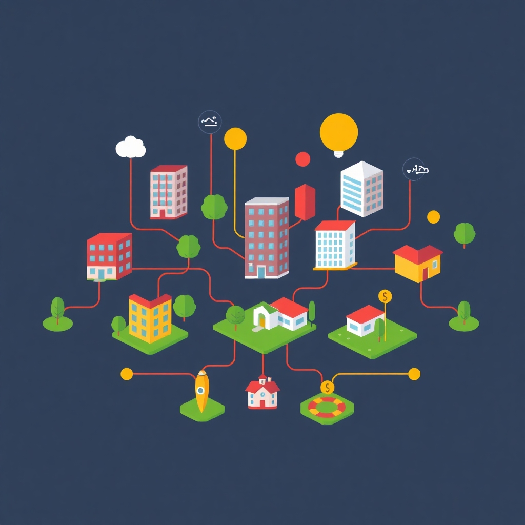 Create a stylized image showing various real estate investment options such as apartment buildings, commercial properties, and land plots, visually connected to form a network of successful investments. Use vibrant colors and clean lines to express the organization and precision of financial planning.  Emphasize a sense of balance and growth.