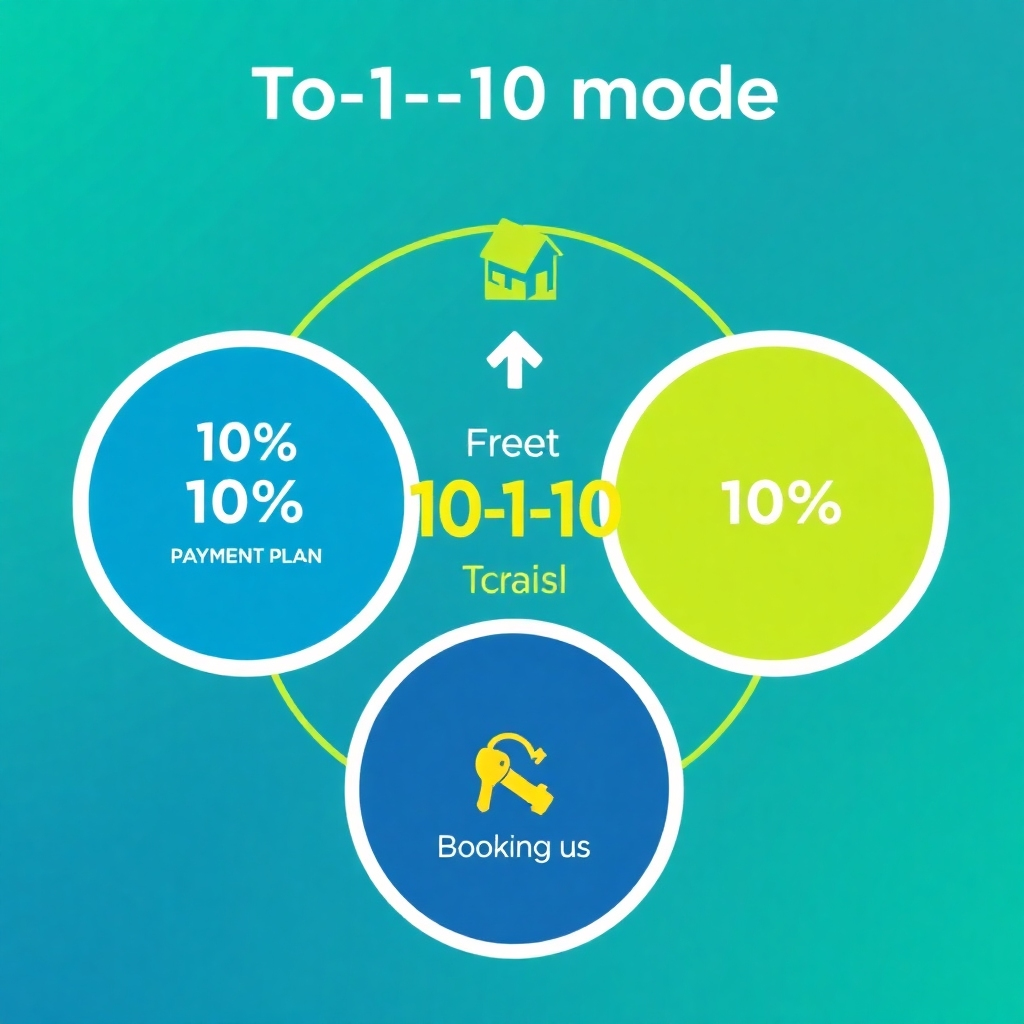 Create a visually appealing graphic showcasing the 10-1-10 model. Use three distinct circles, each representing one aspect: 10% ROI, 10-year payment plan, and 10% booking. Connect the circles with arrows, highlighting the synergy between them. The color scheme should be professional and trustworthy: blues and greens with gold accents. Include subtle icons representing financial growth, payment timelines, and property keys.