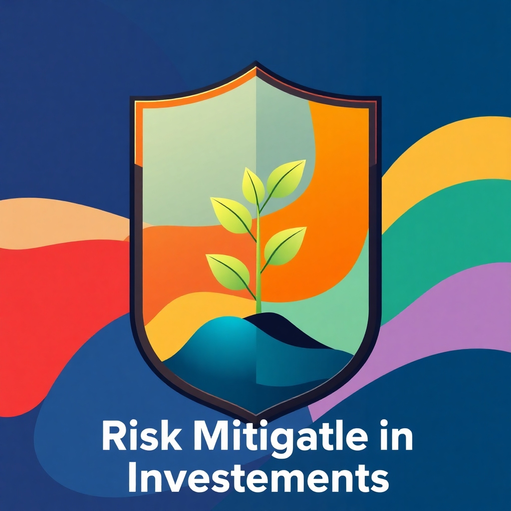 Create an abstract image, using colors and shapes that represent a shield protecting a growing plant to highlight the concept of risk mitigation in investments. The plant represents the growing value of investments while the shield symbolizes our service.