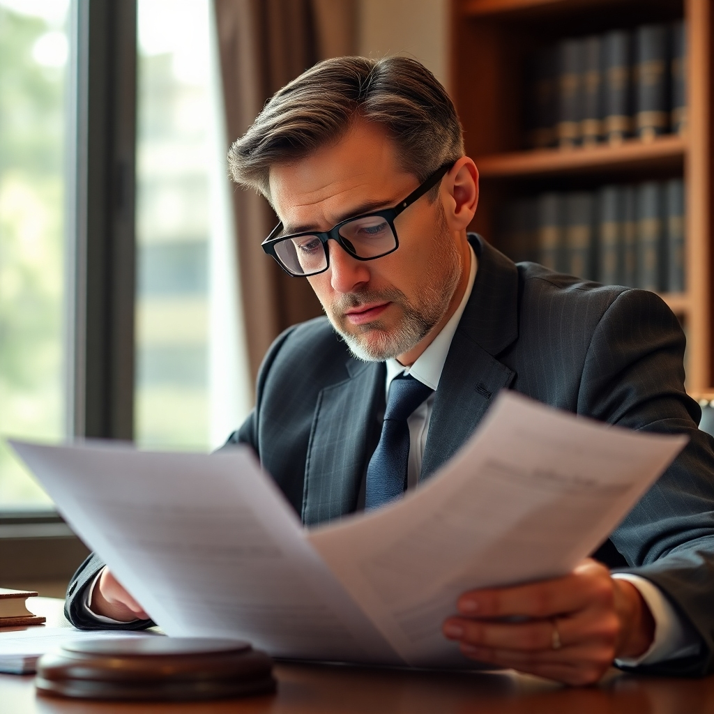 Create an image of a lawyer reviewing real estate documents with a calm demeanor and focused expression. Emphasize the importance of compliance and legal aspects of real estate transactions through subtle visual cues such as documents, stamps, and legal seals. The image should convey trust and expertise.