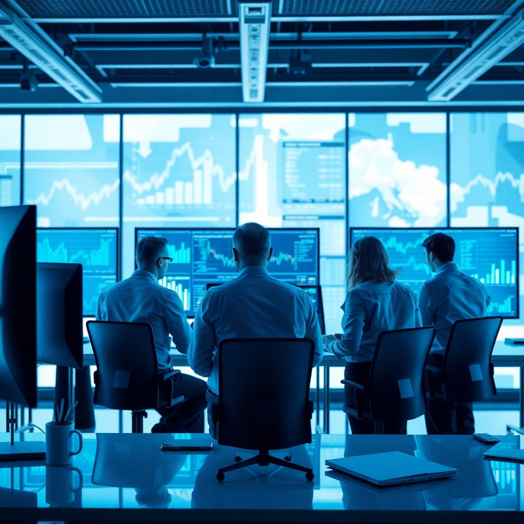 Generate a photorealistic image of a team of analysts examining data on large monitors in a modern, high-tech office.  The background should feature financial charts and graphs. The lighting should be bright and modern, emphasizing a sense of efficiency. The color palette should include cool blues and greens, signifying technology and analysis. The overall mood should be one of intense focus and careful planning.