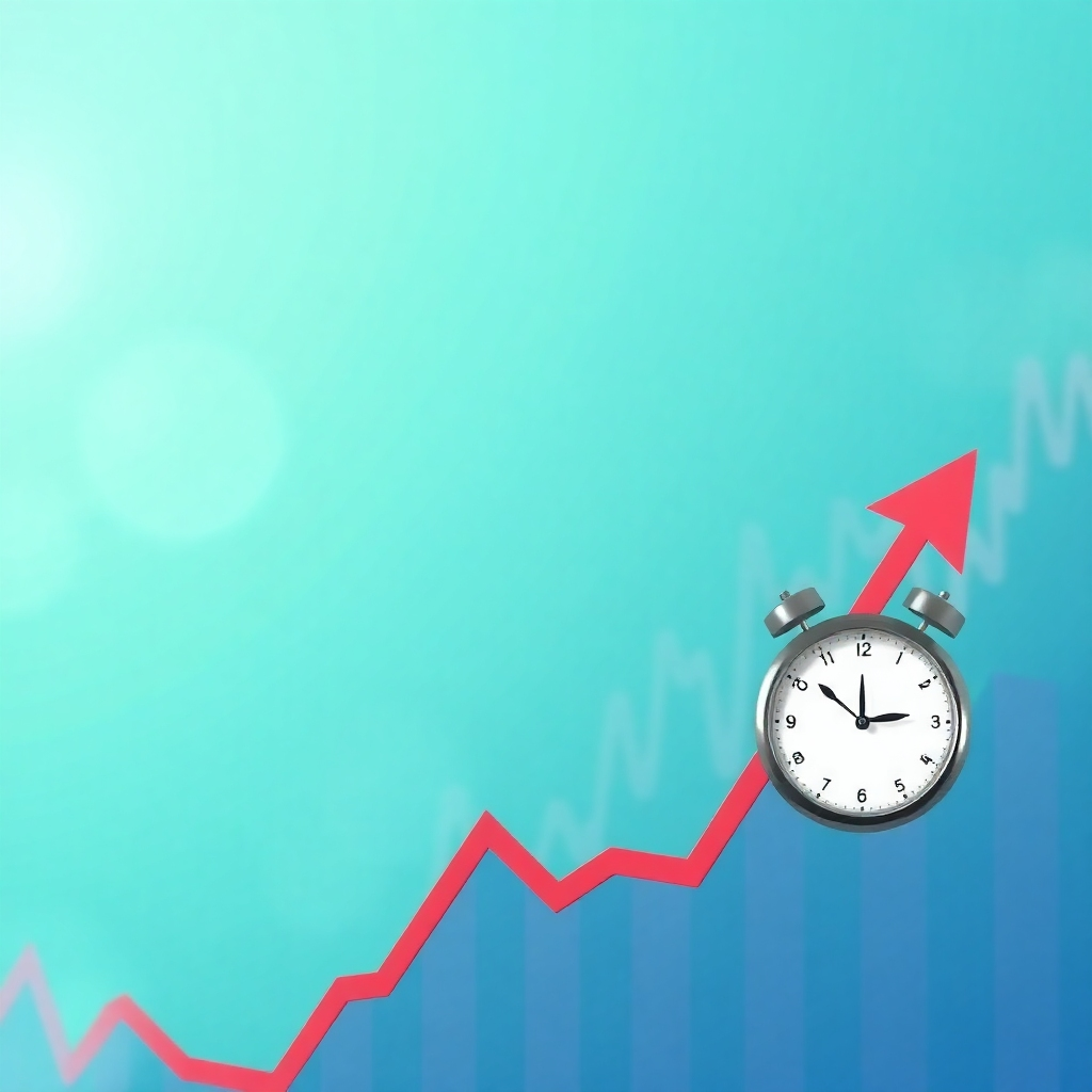 Generate an image showing a clock with an arrow pointing to the optimal time on a financial chart that is pointing upwards. The background could be an abstract representation of market fluctuations that visually supports the theme of timing.