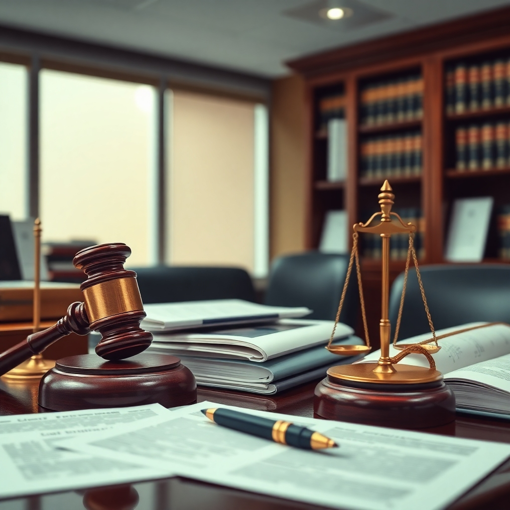 Image depicting a lawyer's office setting with legal documents and law-related props, emphasizing professionalism, legal compliance, and a sense of security and trust.