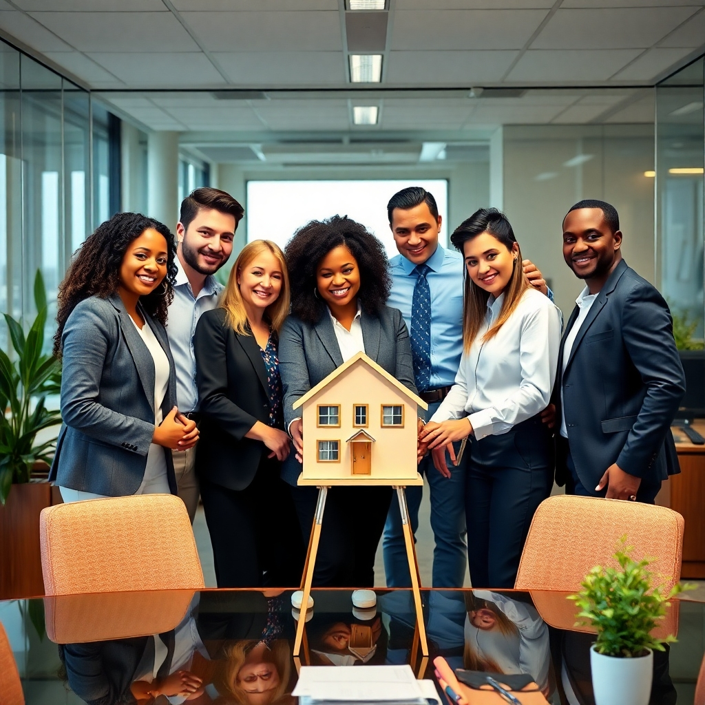 Image showcasing diverse team of experts, in professional attire, collaborating on a project related to real estate. The image must project confidence, expertise, and teamwork. The office setting should reflect success and professionalism.