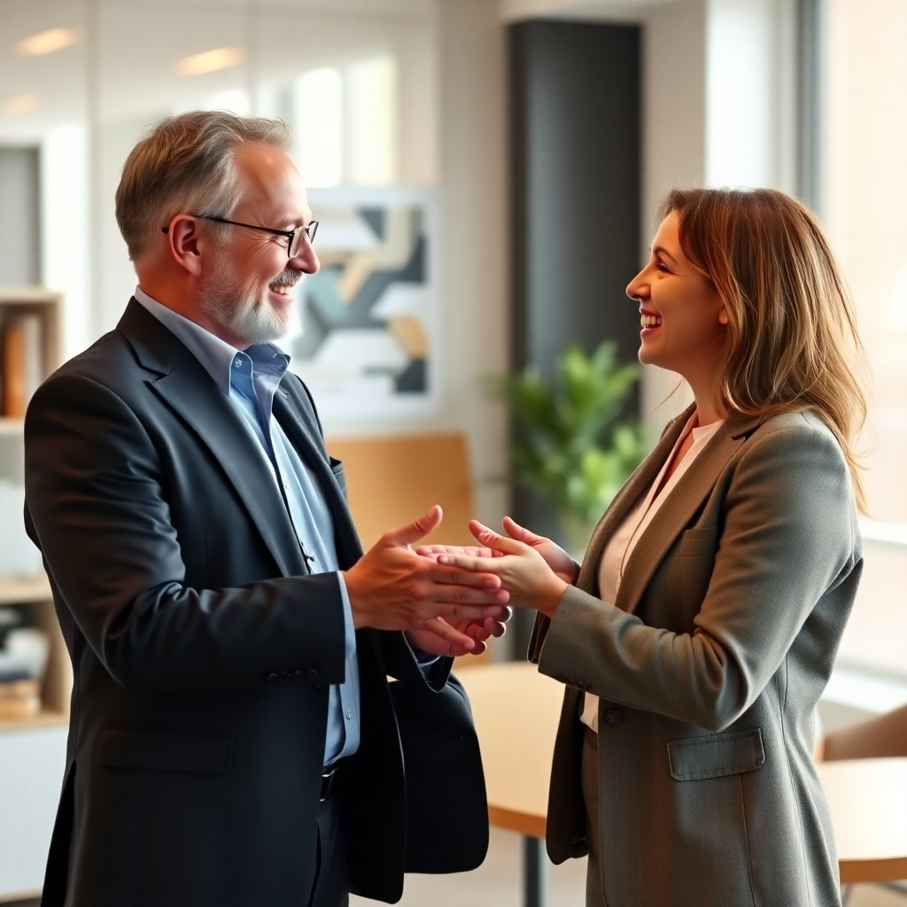 Photorealistic image of a consultant interacting with a client, showcasing a friendly, professional atmosphere.  The setting should be a clean, modern office, conveying trustworthiness and professionalism. The lighting should be warm and natural.