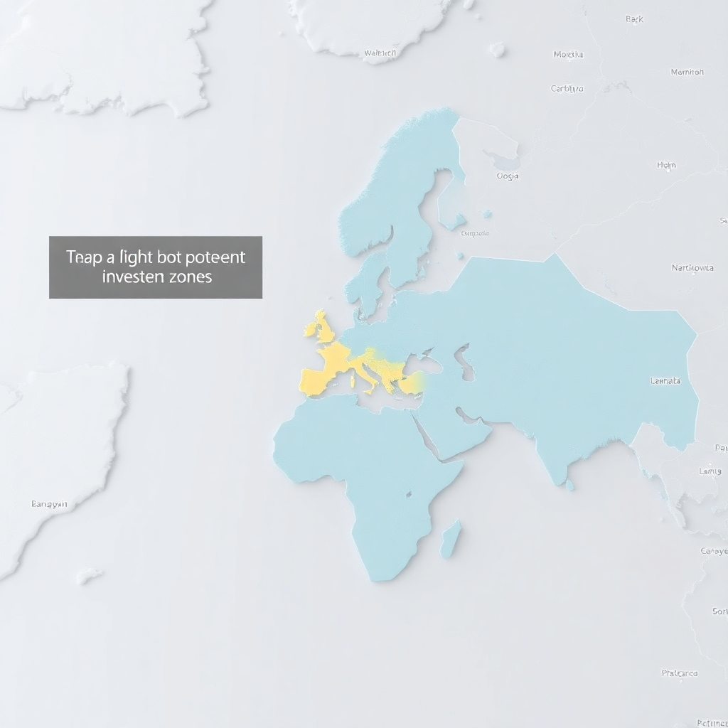 Photorealistic image showing a map with highlighted areas indicating real estate hotspots or high potential investment zones.  Use a clear and concise visual presentation focusing on strategic areas of interest.